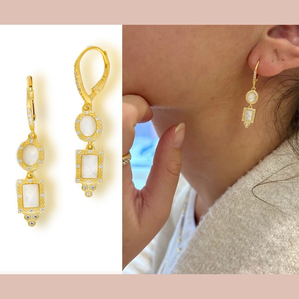 NEW $245 Freida Rothman IMPERIAL‎ MIXED SHAPE DROP EARRINGS Mother Of Pearl